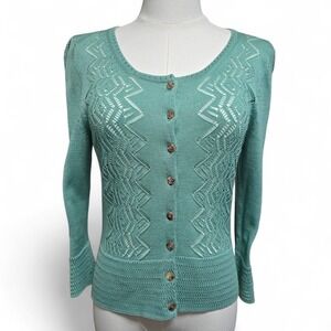 Peruvian Connection Chacolace Cardigan Sweater Pima Cotton Caribe‎ XS